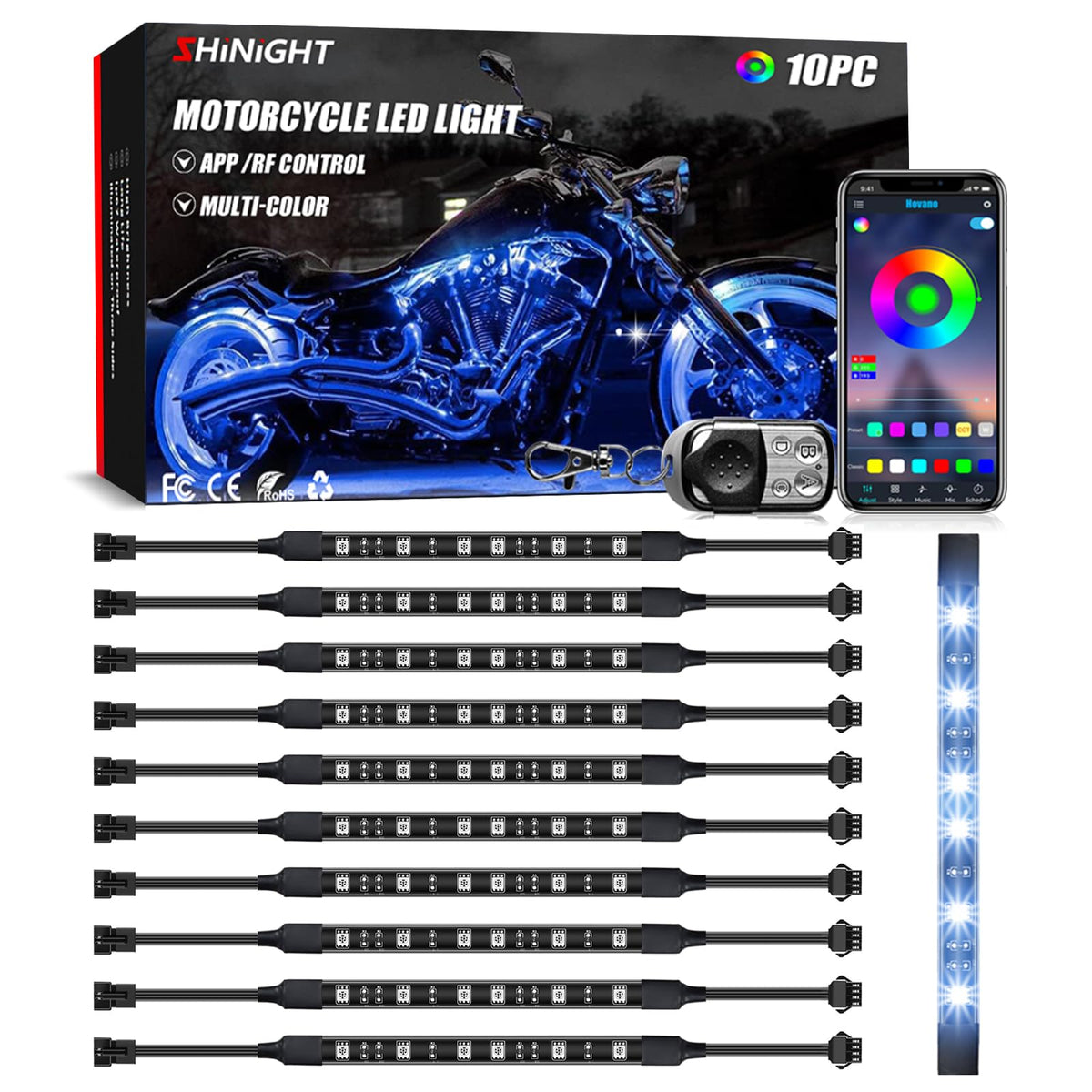 SHINIGHT motorcycle LED kit strip close-up showing vivid RGB glow for night rides.