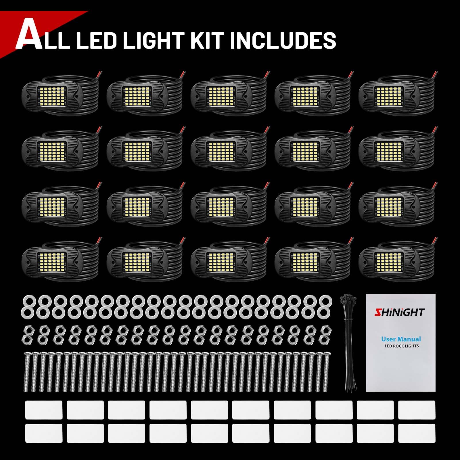 SHINIGHT rock light kit contents with 20 pods and mounting hardware