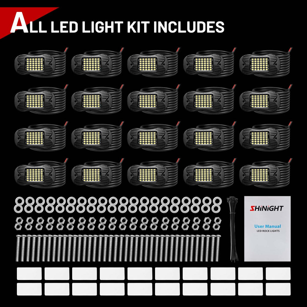 SHINIGHT rock light kit contents with 20 pods and mounting hardware