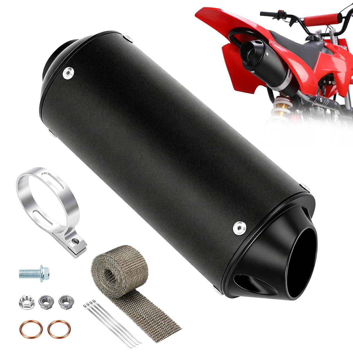 SHIQINHA 1.1-inch muffler exterior for rugged ATVs and dirt bikes, showing compatibility.