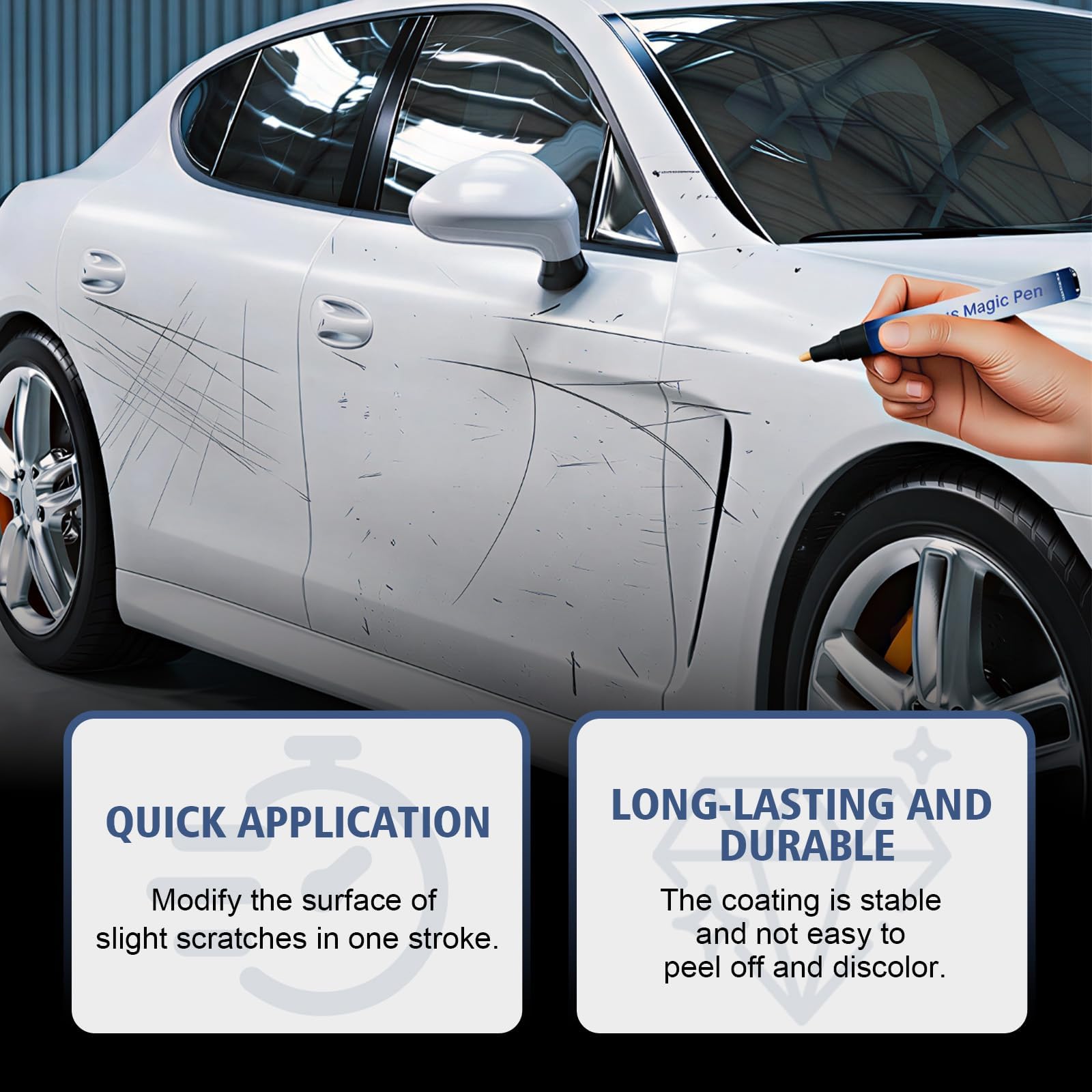 SHIUMORE Magic Car Scratch Remover Pen on car paint showing color-matching finish