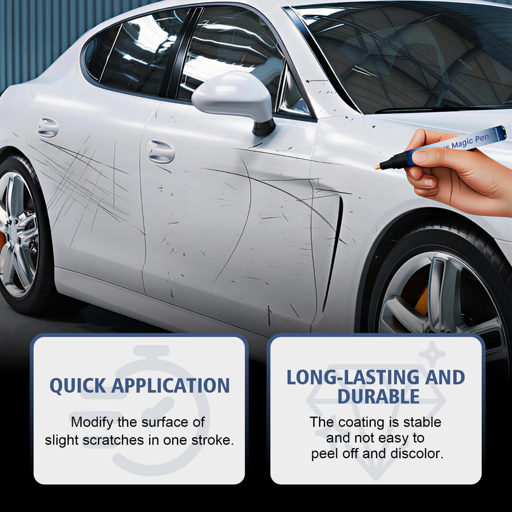 SHIUMORE Magic Car Scratch Remover Pen on car paint showing color-matching finish