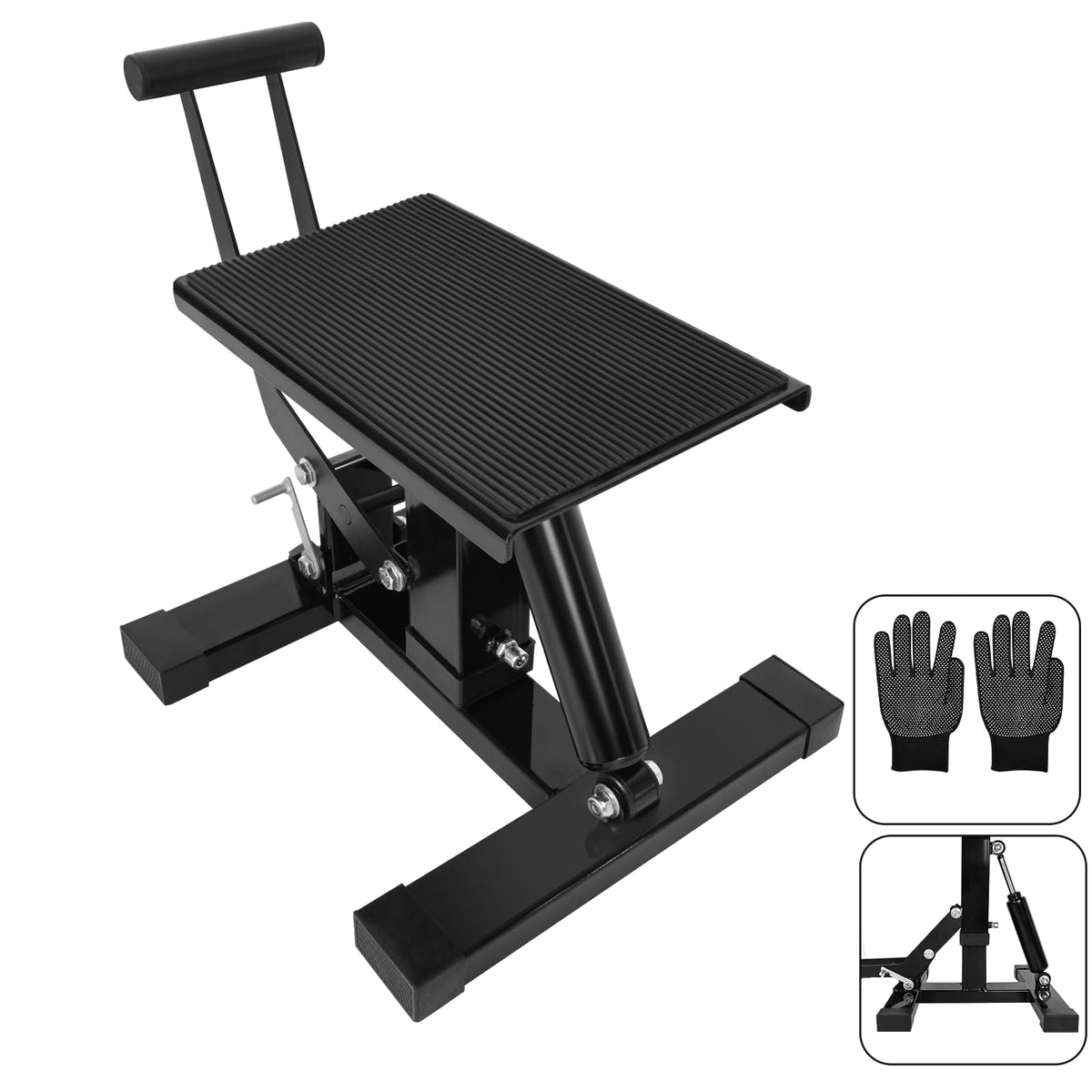 SHMQYSY motorcycle jack lift stand 400lbs demonstrating compact, space-saving design for garages.