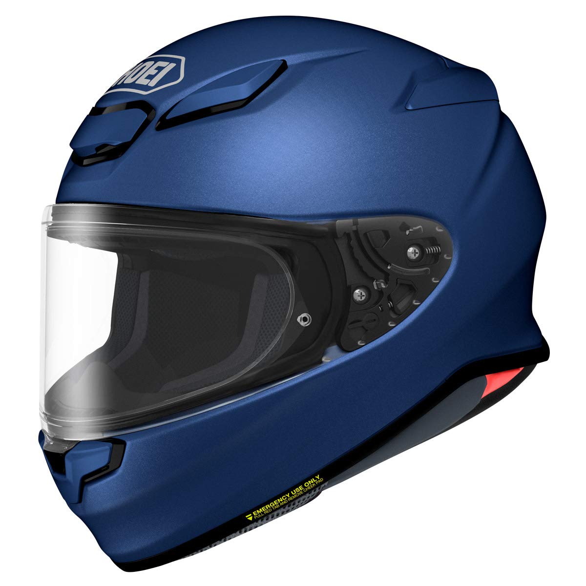 Shoei RF-1400 front view shows aerodynamic shape for smoother highway cruising.