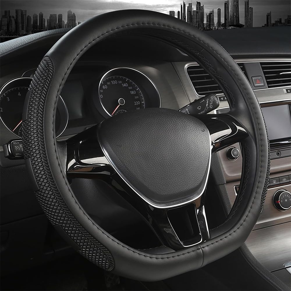 Sholer D Shape steering wheel cover in black leather offers enhanced grip for safe driving