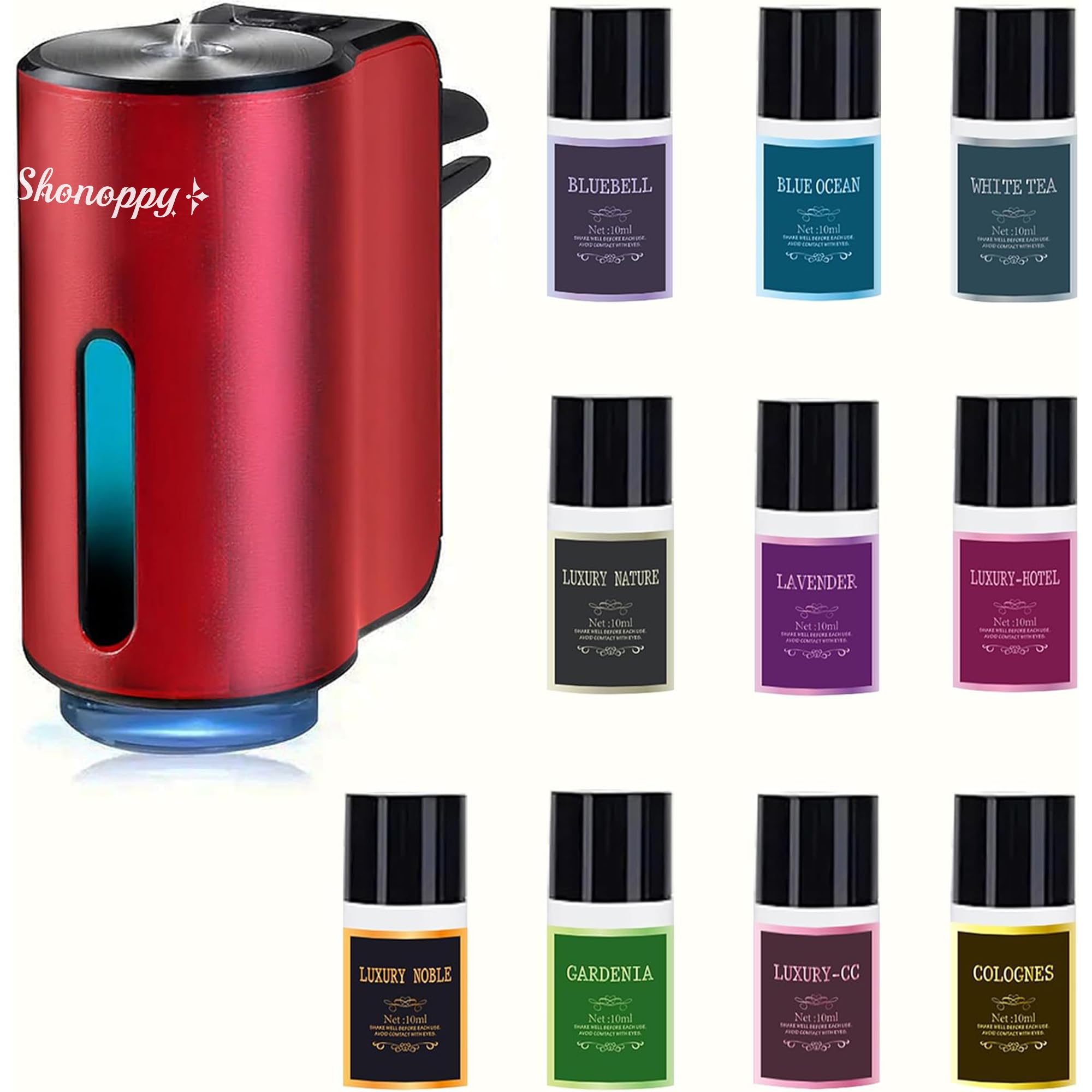 Shonoppy car aroma diffuser with vent clip mounted on car vent.