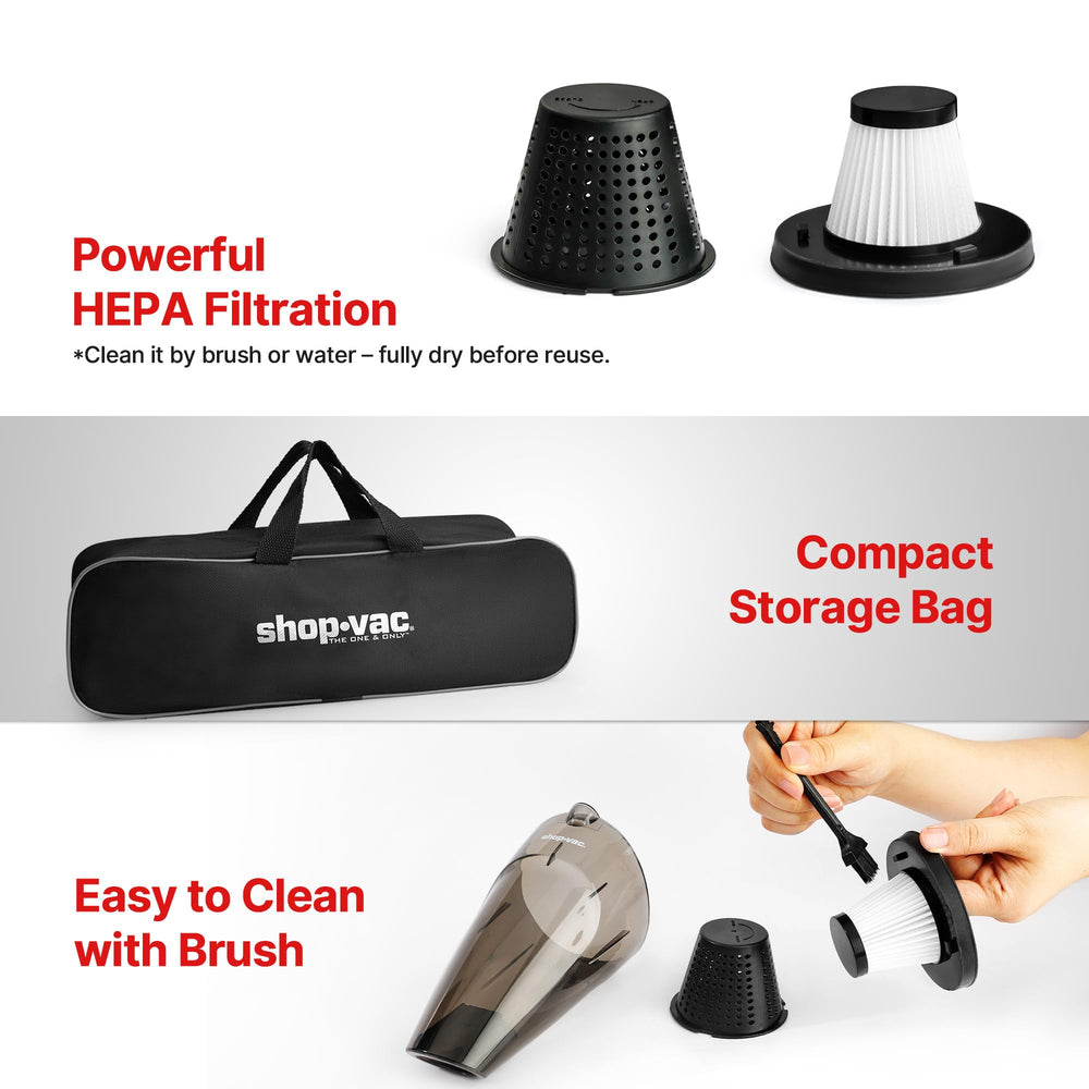 Shop-Vac 12V car vacuum with 16ft cord for reach from trunk to dashboard.