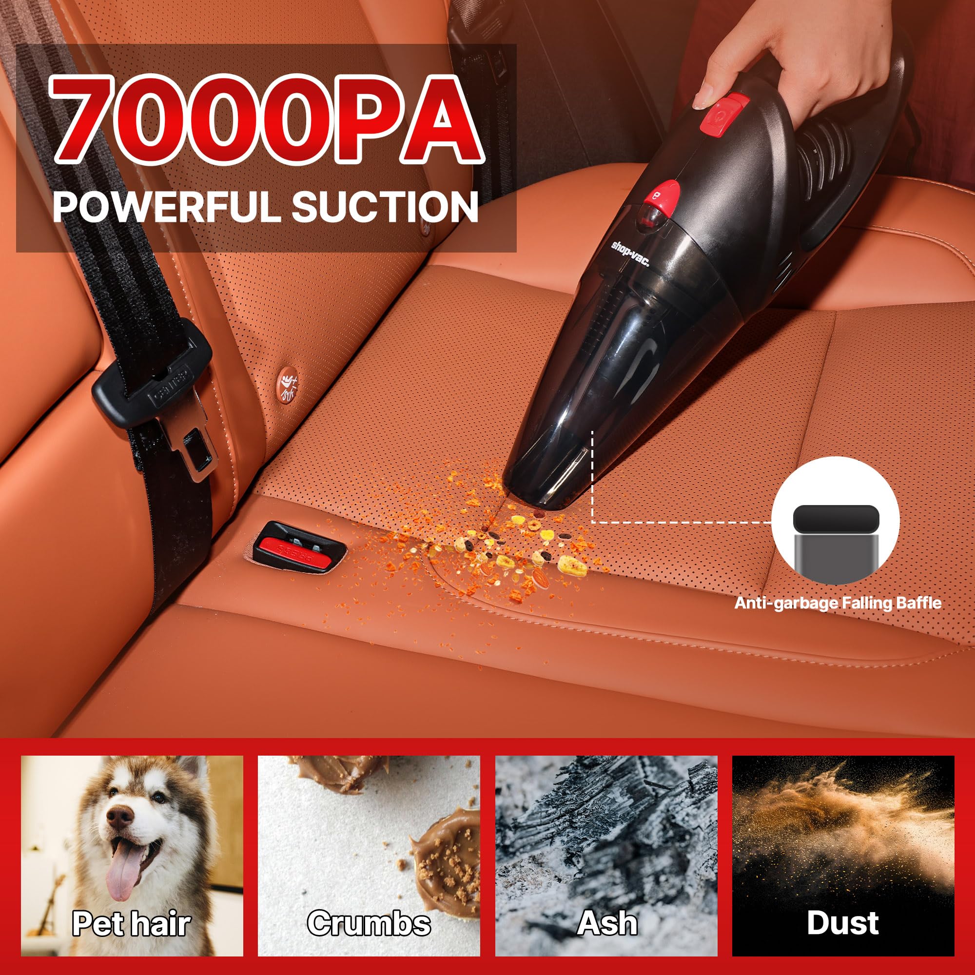 Shop-Vac 12V car vacuum with attachments kit for versatile detail cleaning.