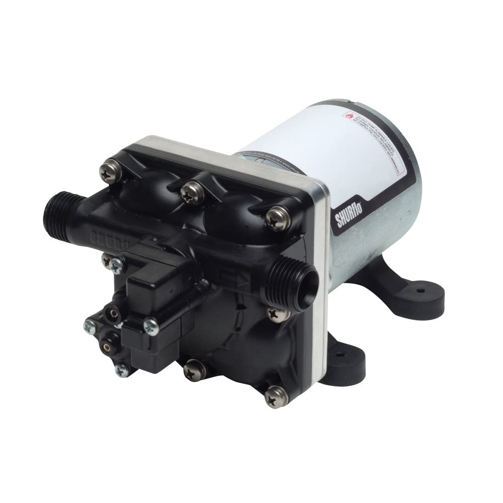 SHURFLO 4008-101-E65 Revolution water pump for quiet, self-priming performance in 12V systems.