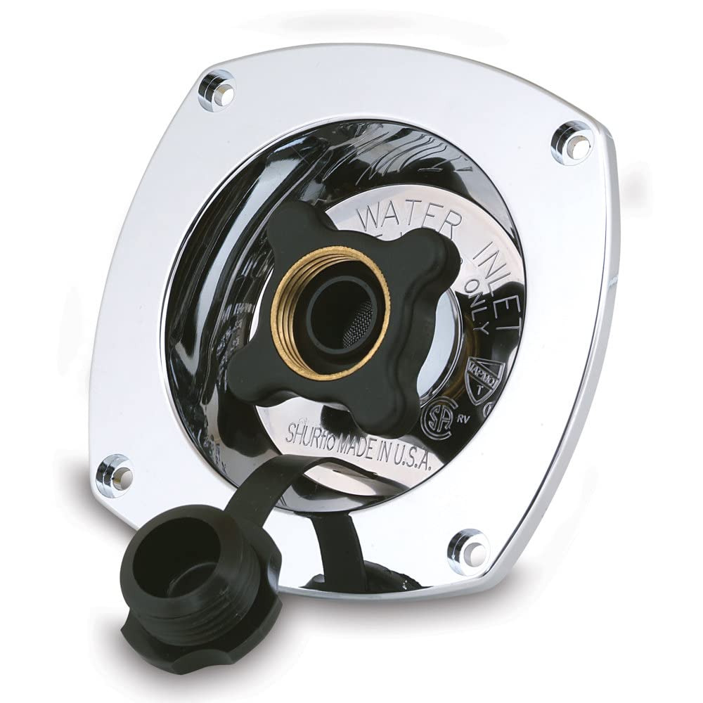 Shurflo Pentair pressure reducing city water entry, wall-mounted chrome, helps stabilize home water pressure.