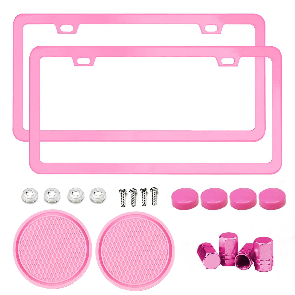 Shutuan pink two-pack license frame overview featuring durable metal and bold style