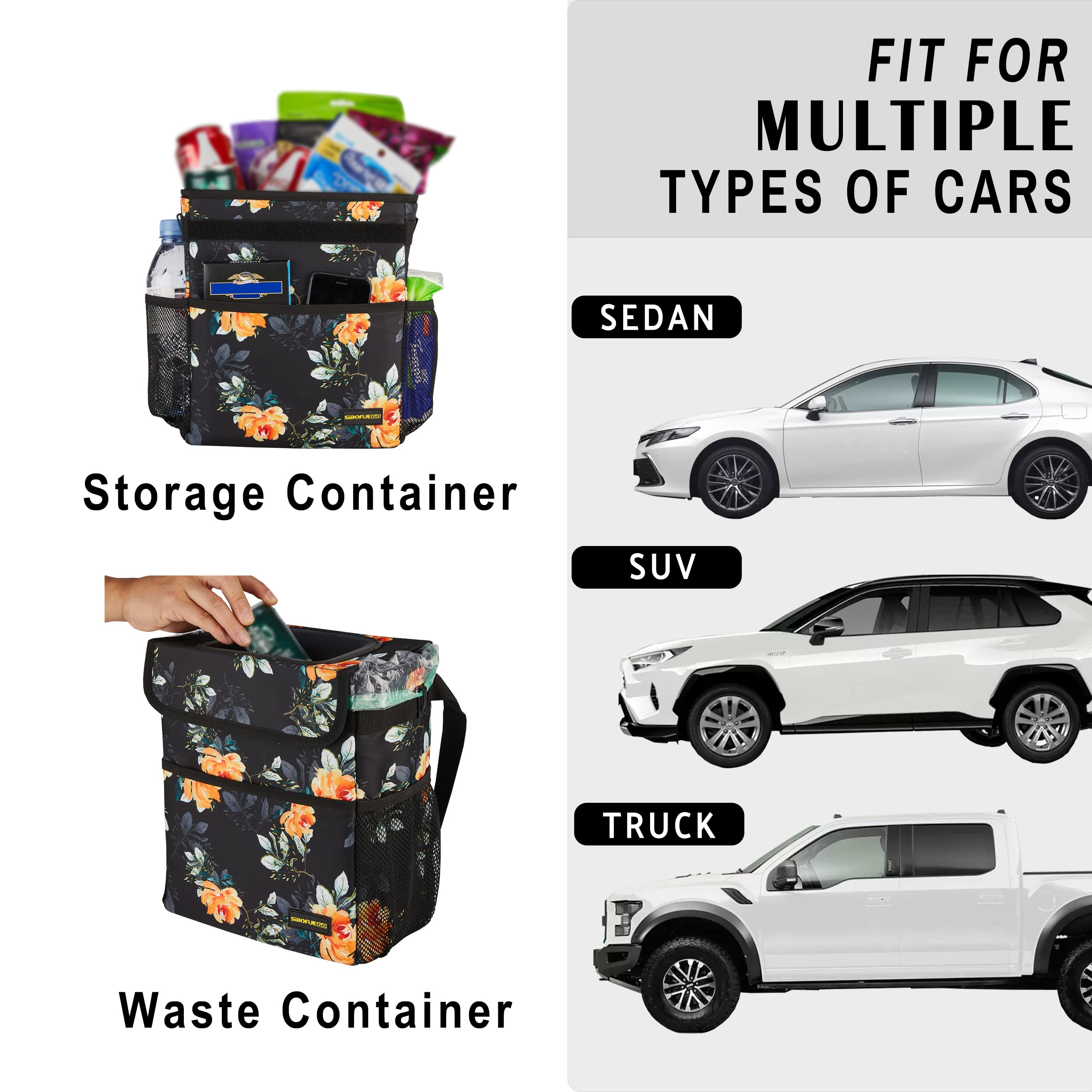 SIBOFUEGO 2-gallon car trash bin with adjustable straps for secure placement
