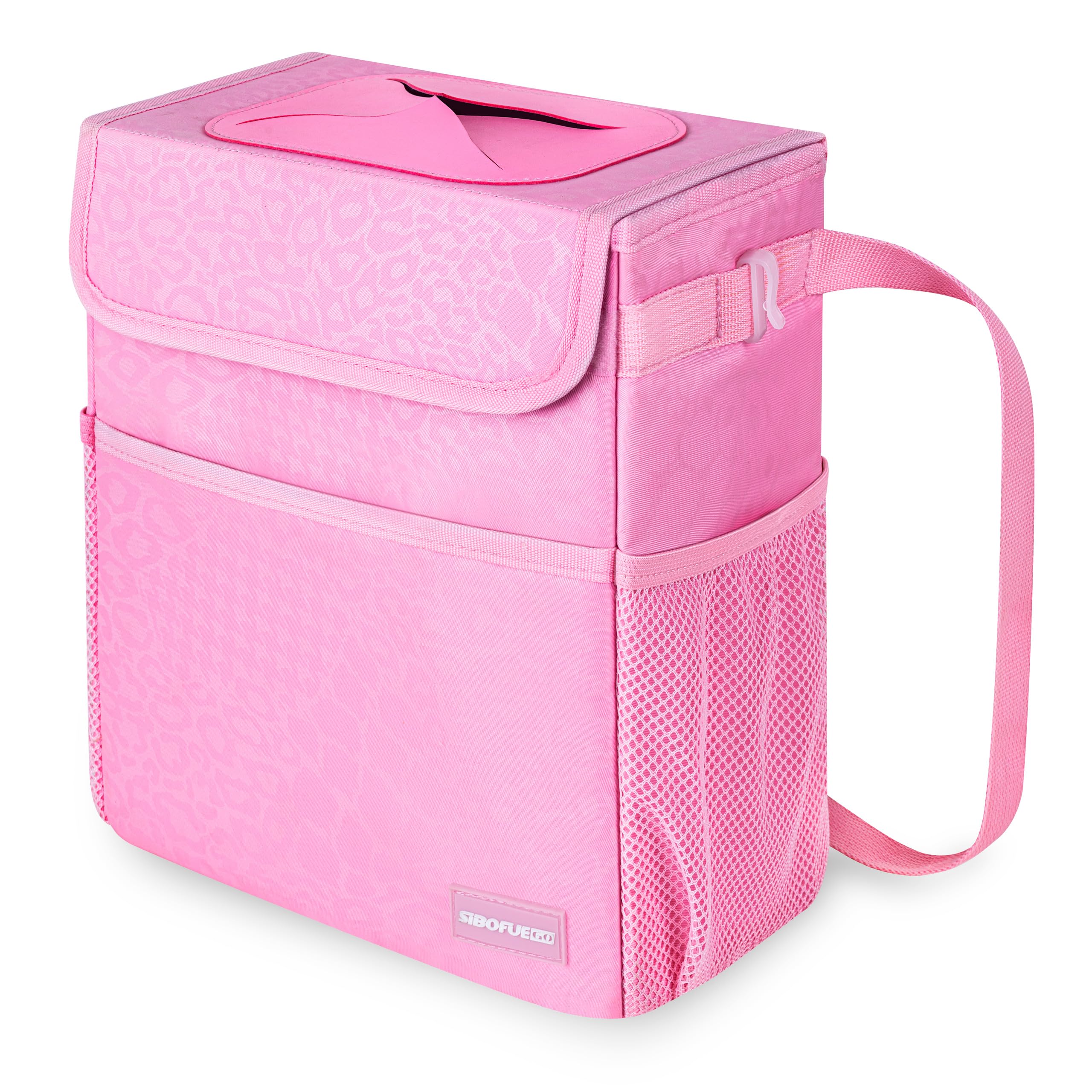 SIBOFUEGO car trash can leopard-pink helps keep your cabin tidy with a cute look.
