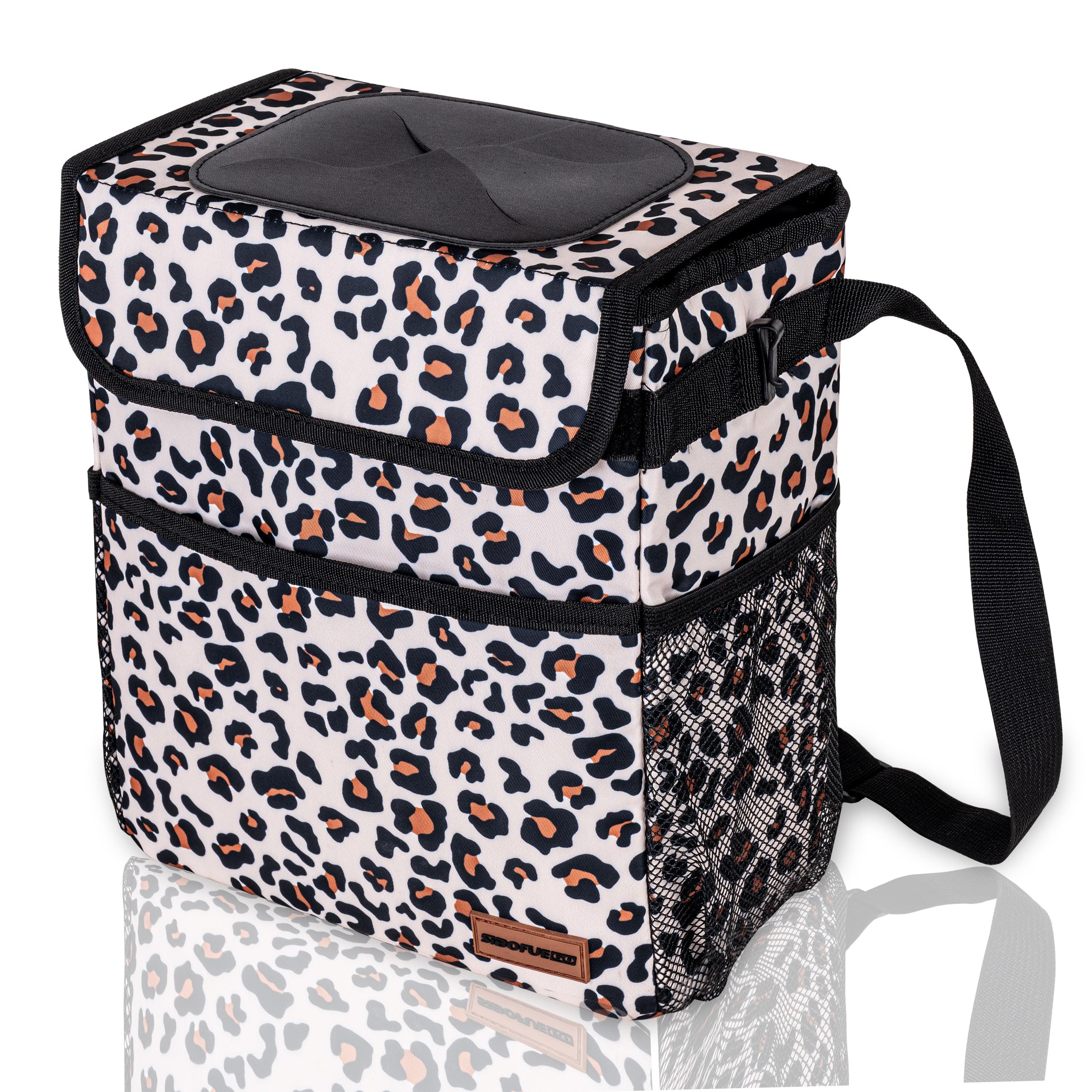 SIBOFUEGO cute car trash can with lid in leopard print keeps your car neat during trips.