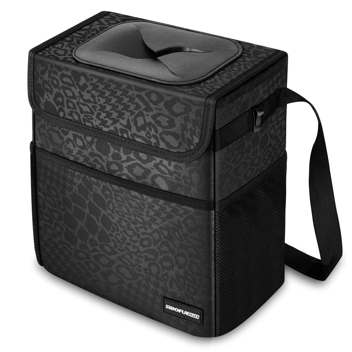 SIBOFUEGO sturdy 3-gallon car trash can with lid keeps vehicle tidy on long trips.