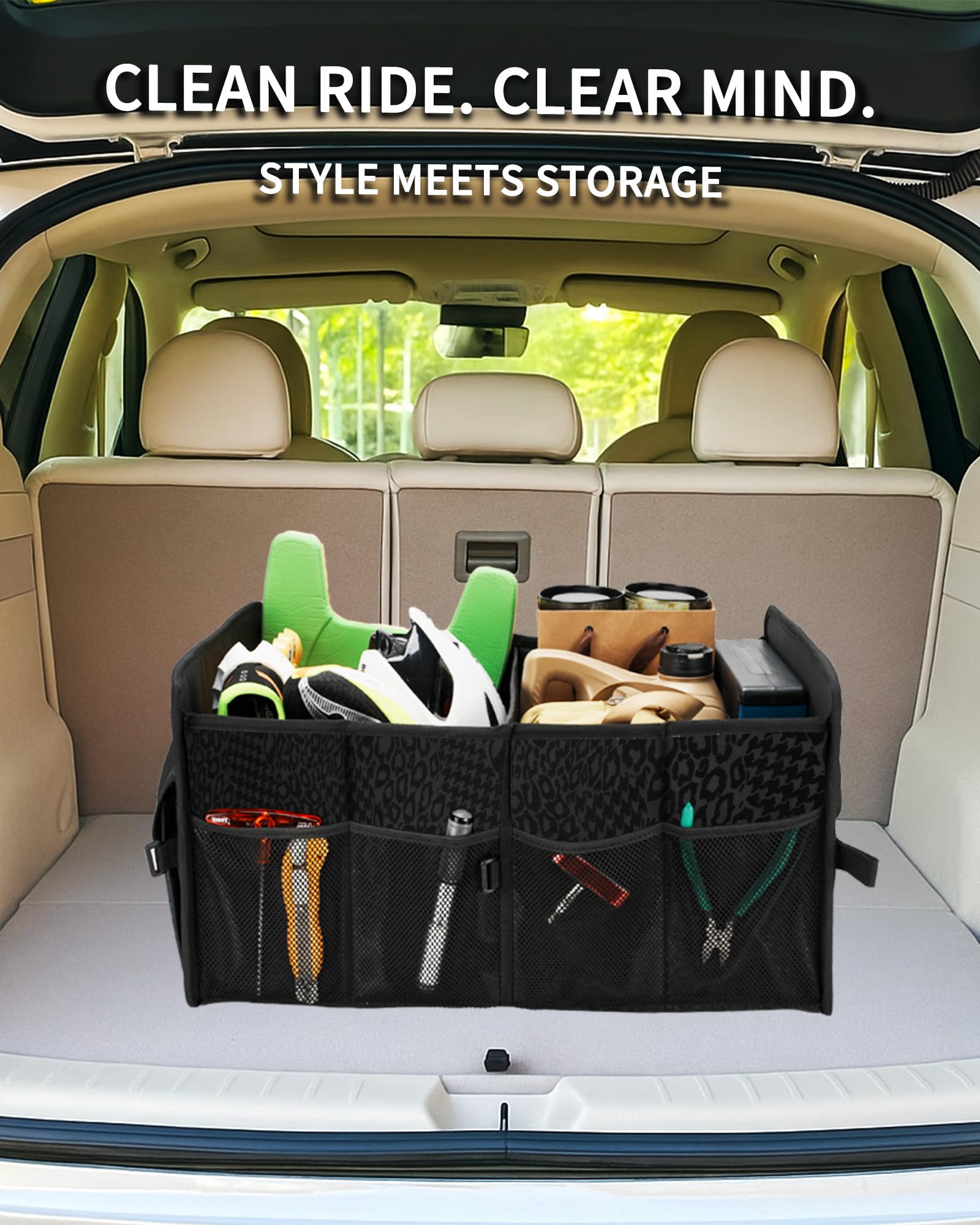 SIBOFUEGO sturdy trunk organizer expanded demonstrates large capacity for groceries and gear.