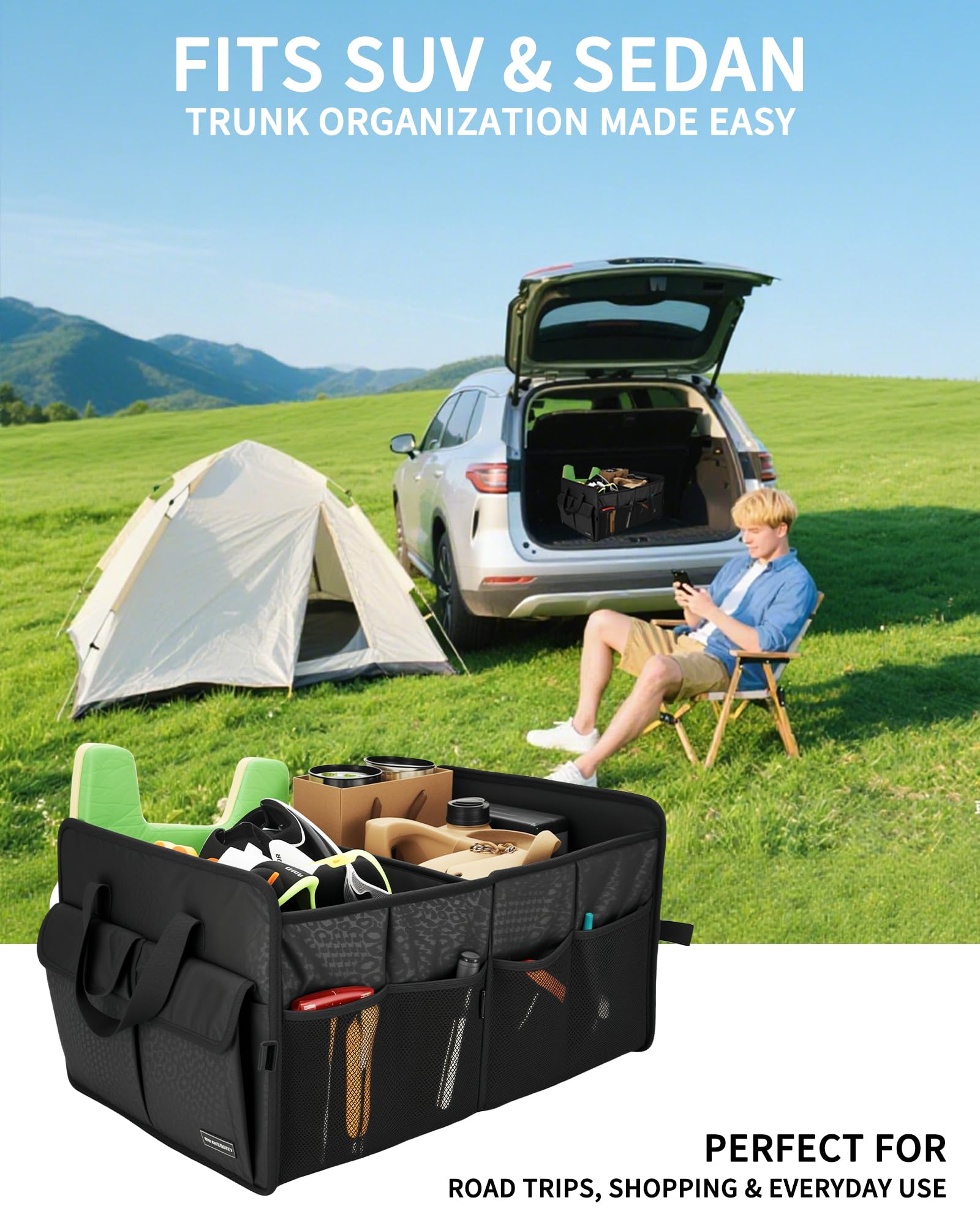 SIBOFUEGO sturdy trunk organizer ready for SUVs and sedans on road trips.
