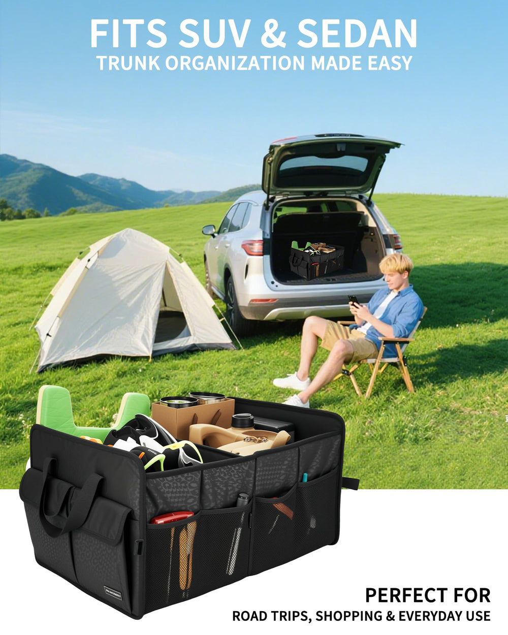 SIBOFUEGO sturdy trunk organizer ready for SUVs and sedans on road trips.