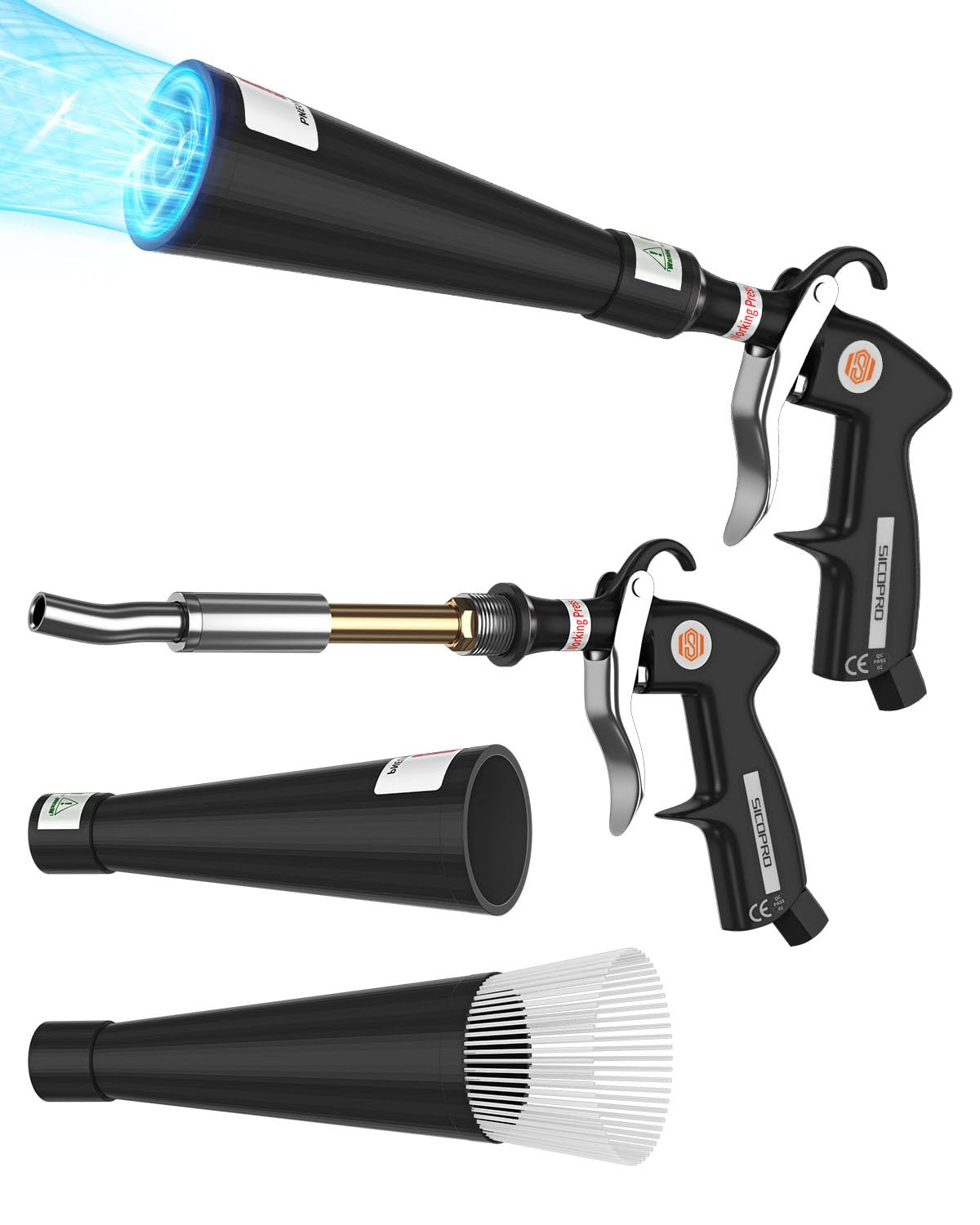 SICOPRO car cleaning gun with tapered nozzle showing focused airflow for tough dirt