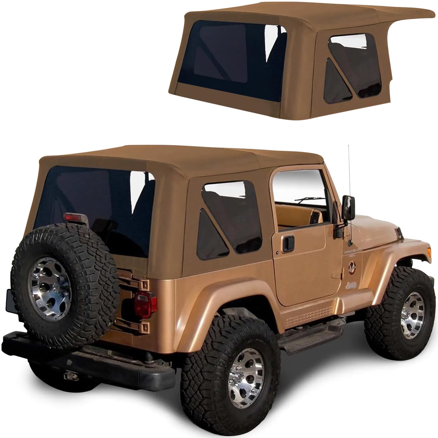 Sierra Offroad soft top spice denim front view shows factory-fit protection for Wrangler TJ