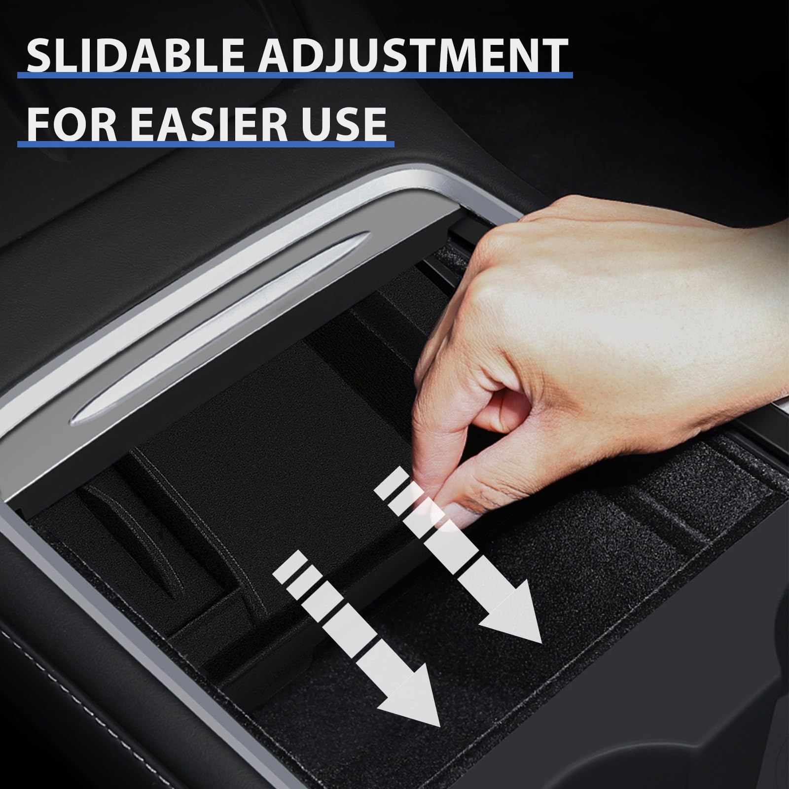 SIGLIN flocked armrest organizer adding tidy compartments in Tesla interior