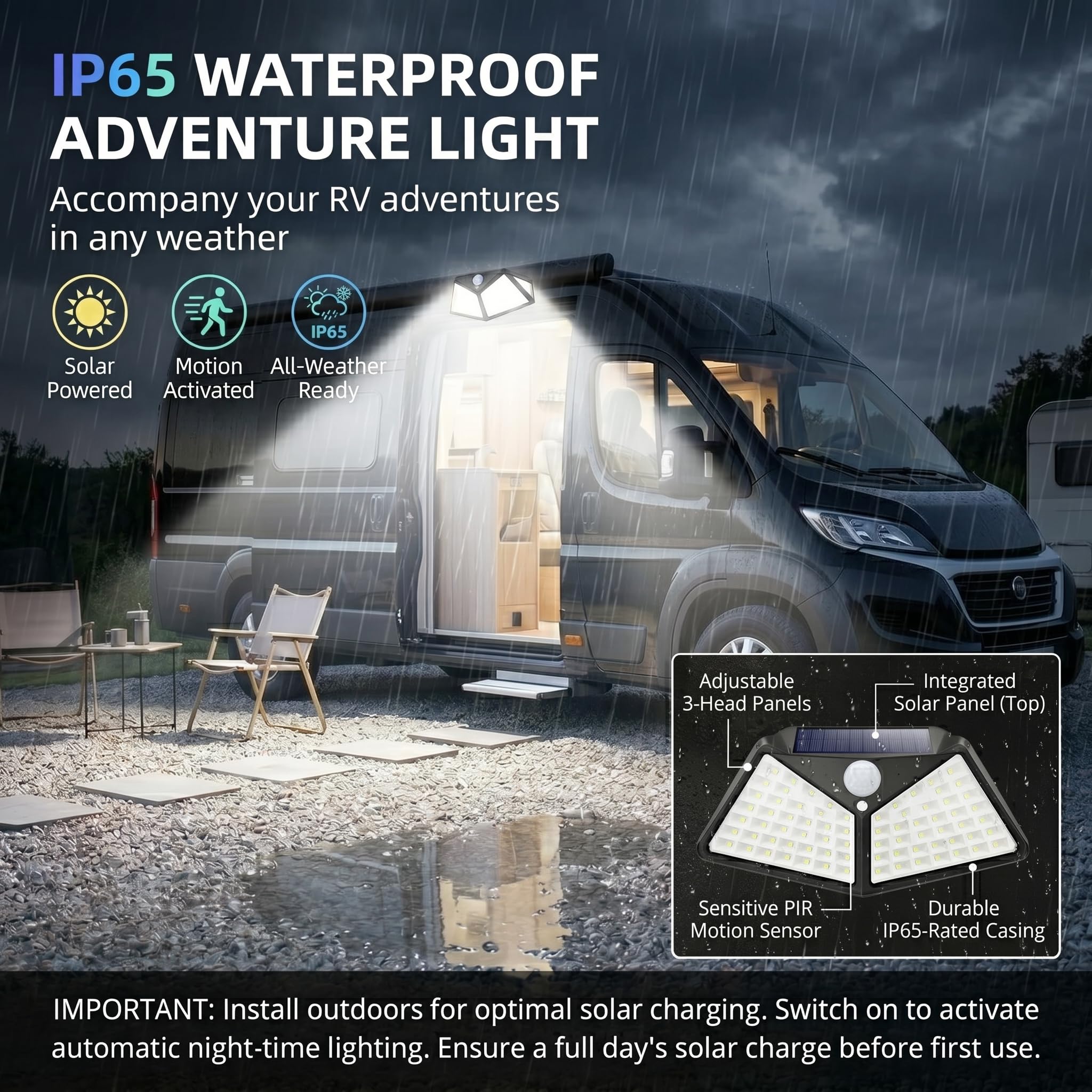 Silanit solar panel RV light powers outdoor illumination with no wiring.