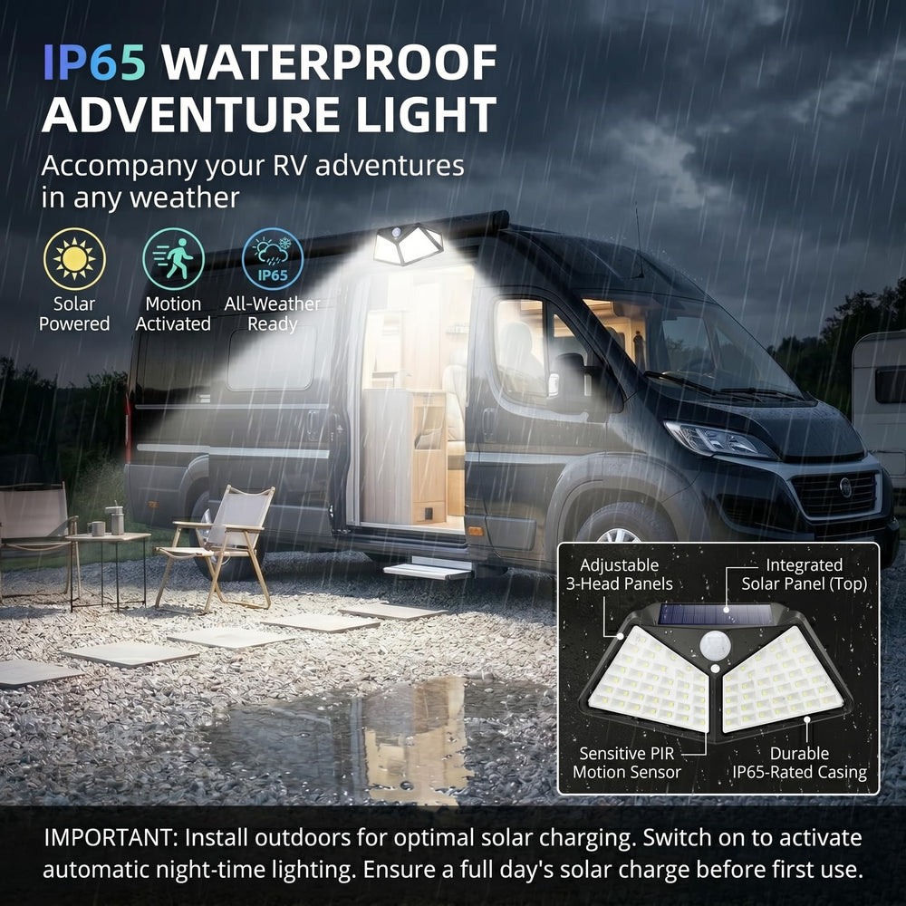 Silanit solar panel RV light powers outdoor illumination with no wiring.