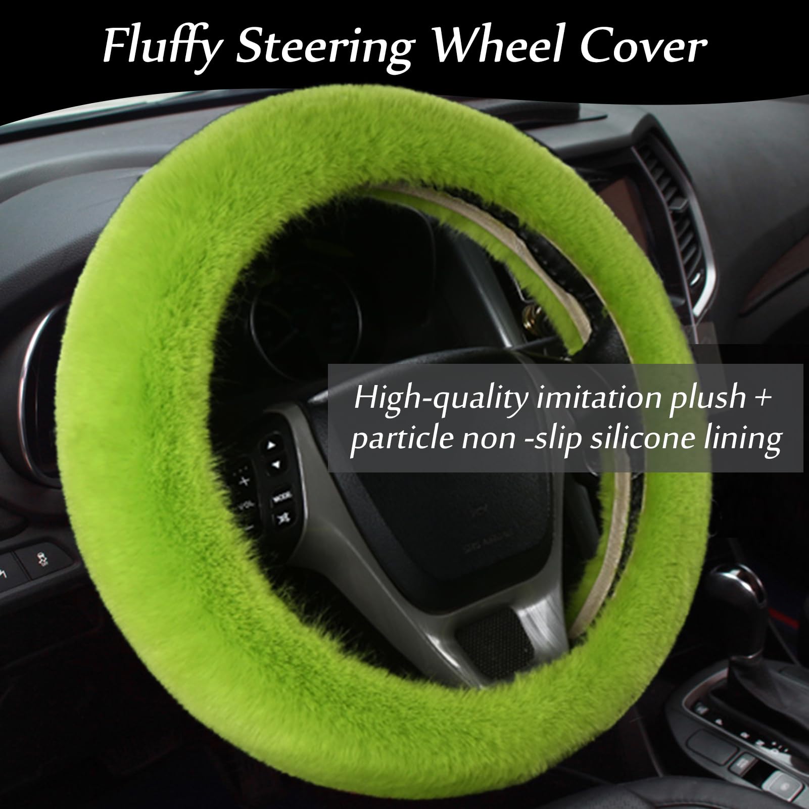 Silence Shopping fluffy car accessories set in green highlights interior style.