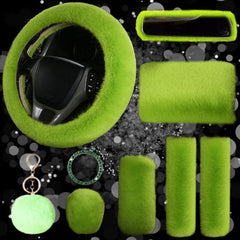 Silence Shopping fluffy steering wheel cover green close-up for warm grip.