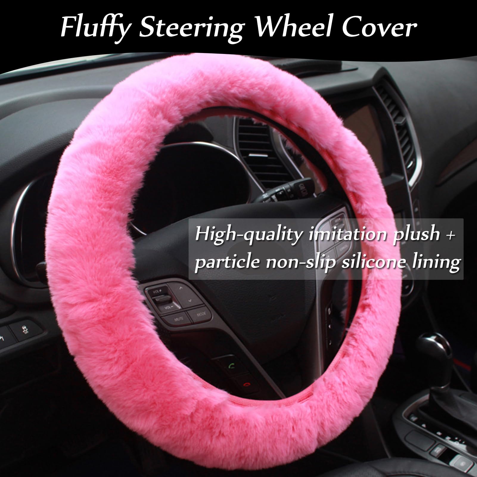 Silence Shopping pink plush car decor set for cozy interior styling.