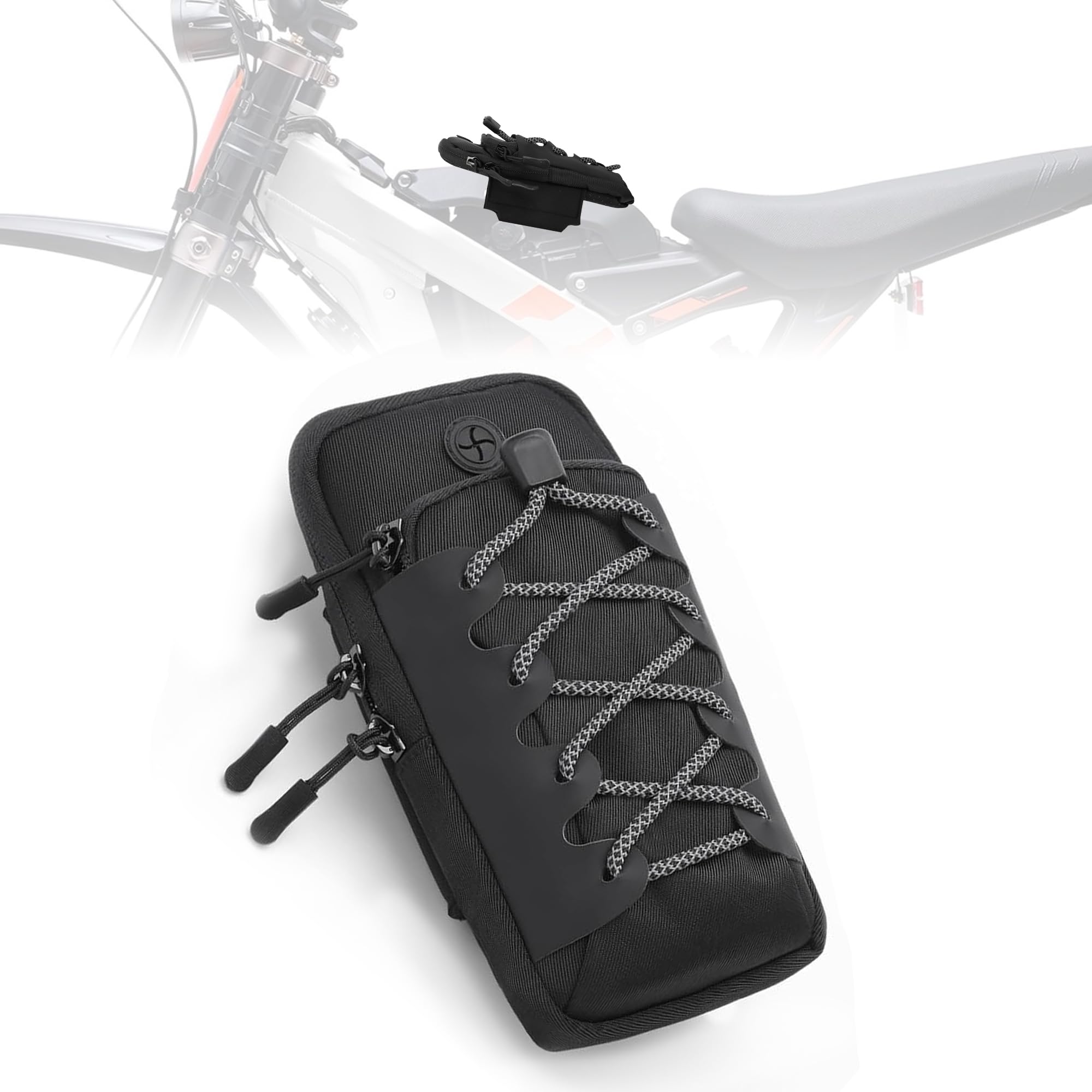 Silutrcn electric dirt bike front bag mounted on battery cover for seamless on-the-go storage.