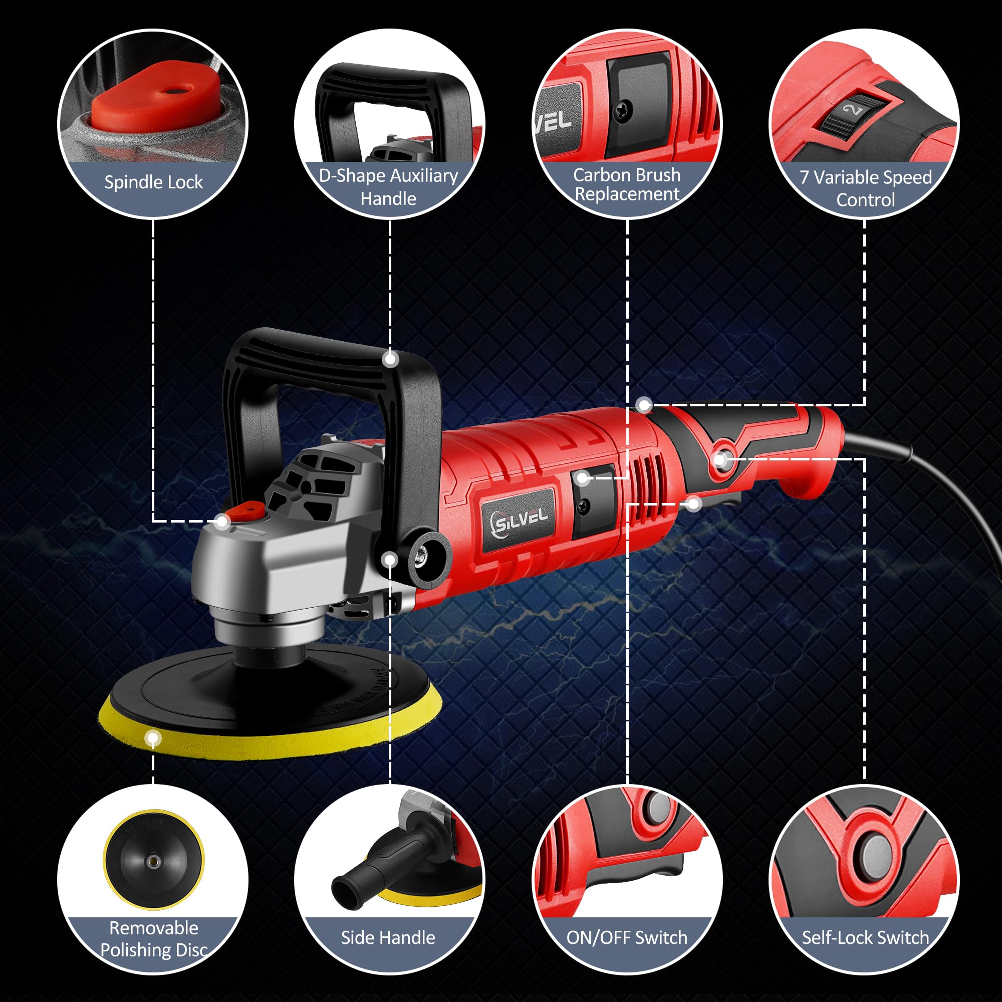 SILVEL polisher with 7-speed dial for precise speed control on paints.