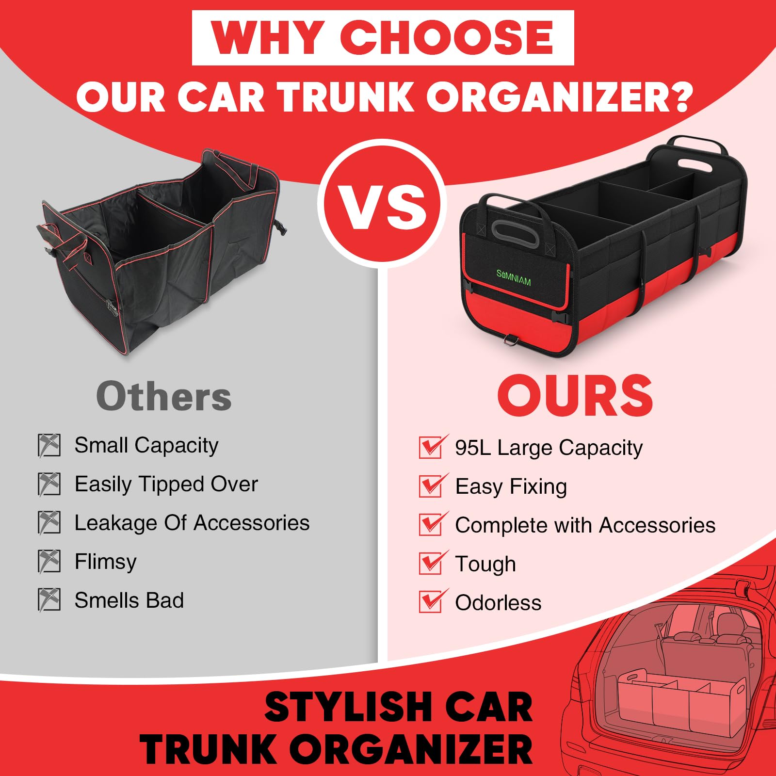 Simniam trunk organizer 95L capacity handles groceries and gear