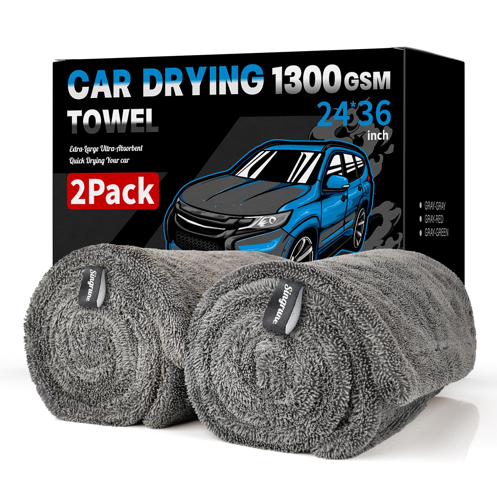 Singrune XL car drying towel, 24x36, two-pack, gray, for fast exterior drying