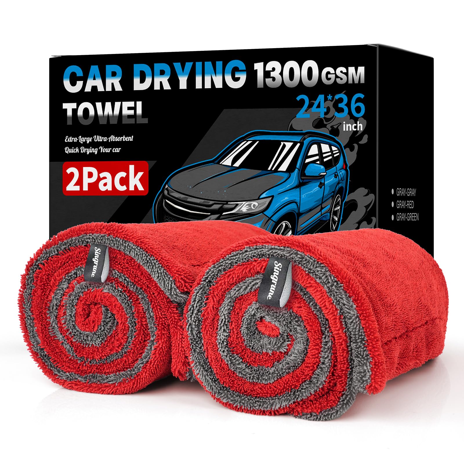 Singrune XL car drying towel 24x36 in gray red dries large panels with minimal effort.