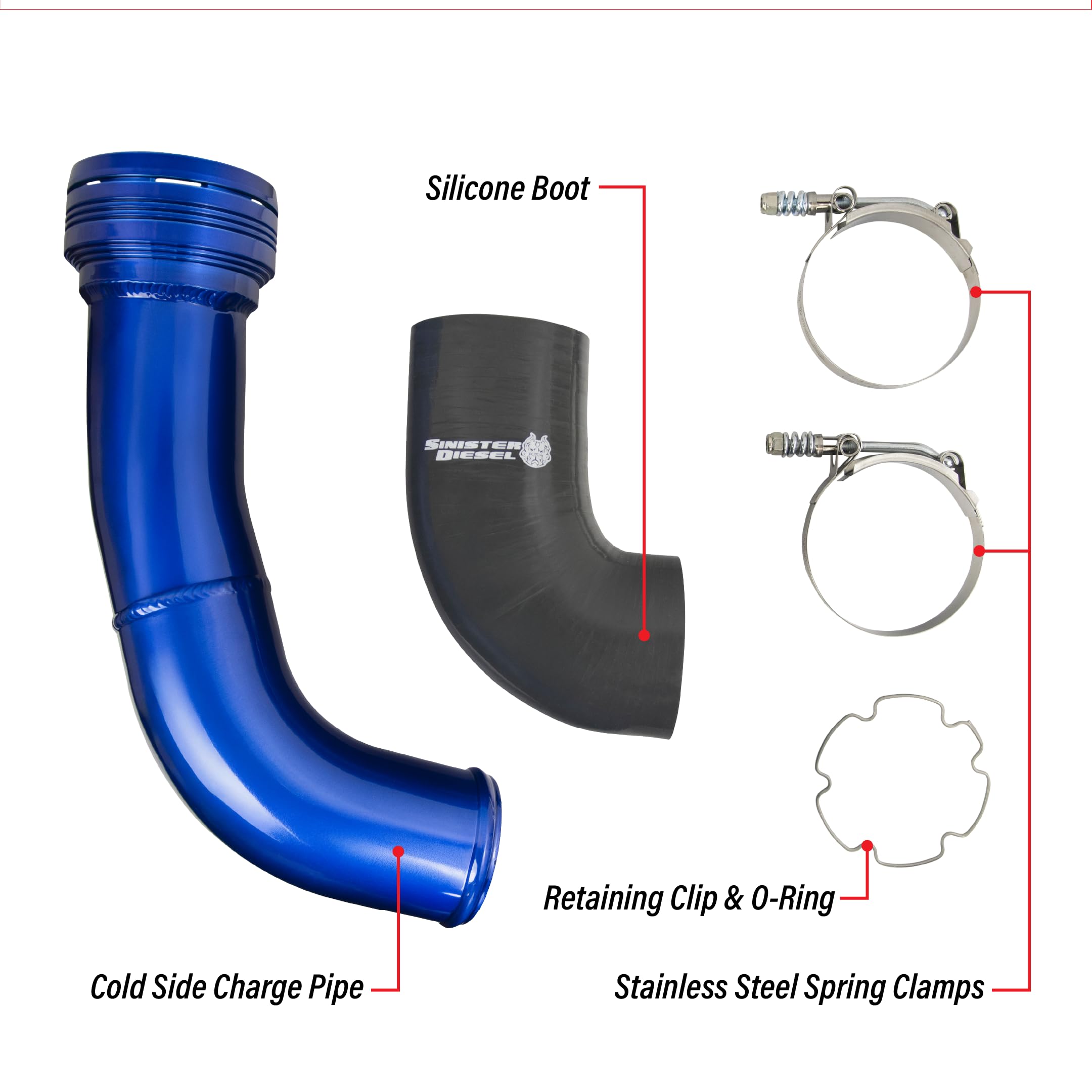 Stainless steel T-bolt clamps ensure a tight, durable seal.