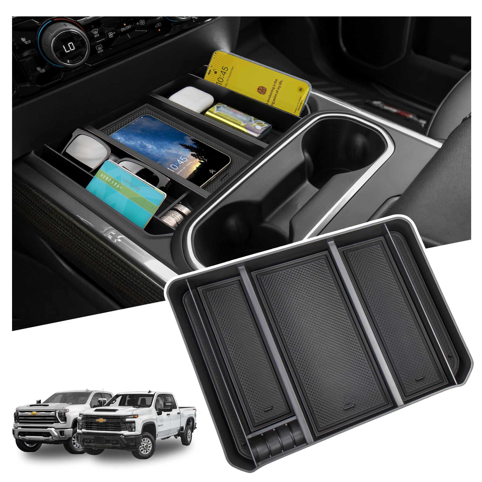 Sinminou center console organizer for Chevy Silverado coin slot keeps essentials organized.