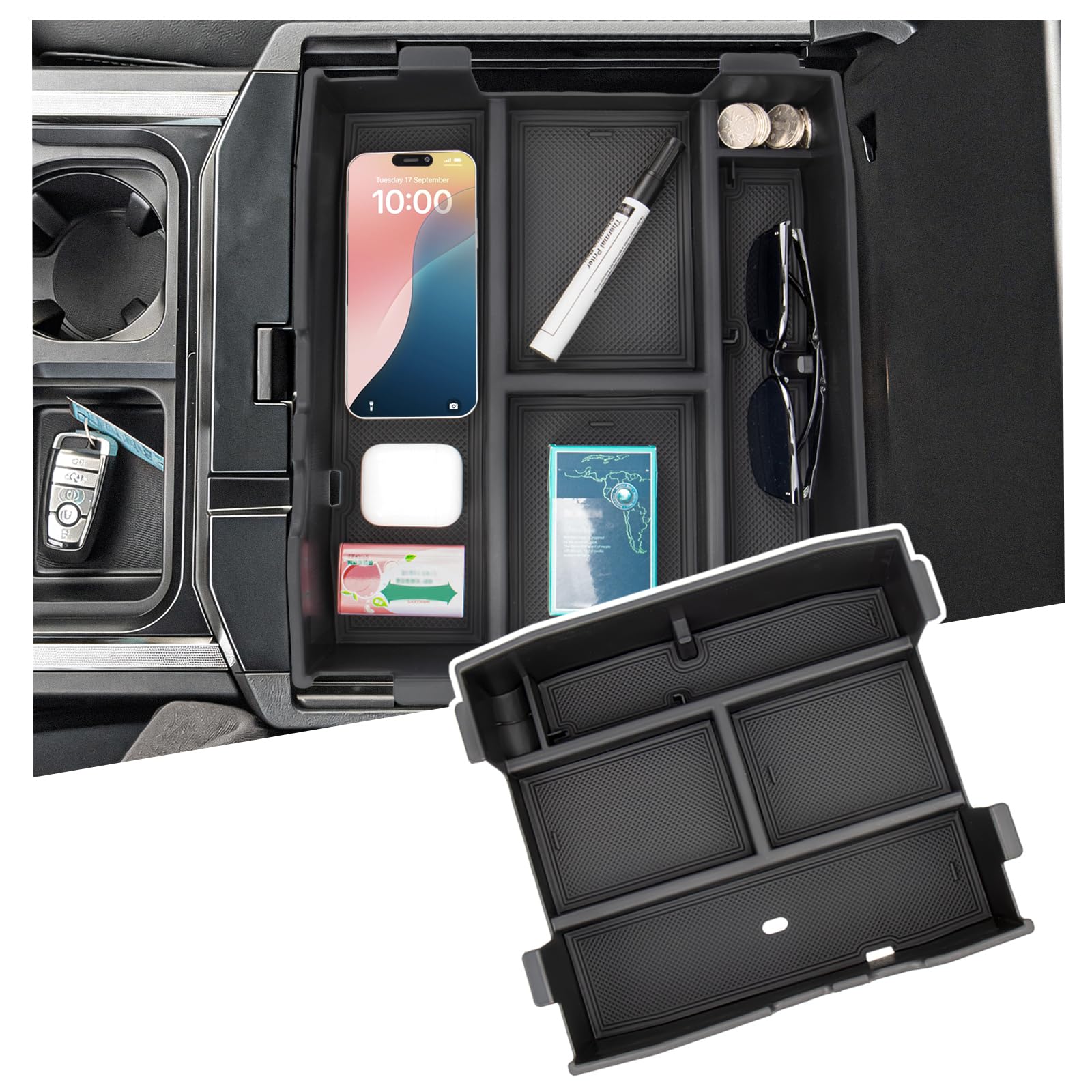 Sinminou center console organizer for Ford F-Series full console fits neatly and improves storage.