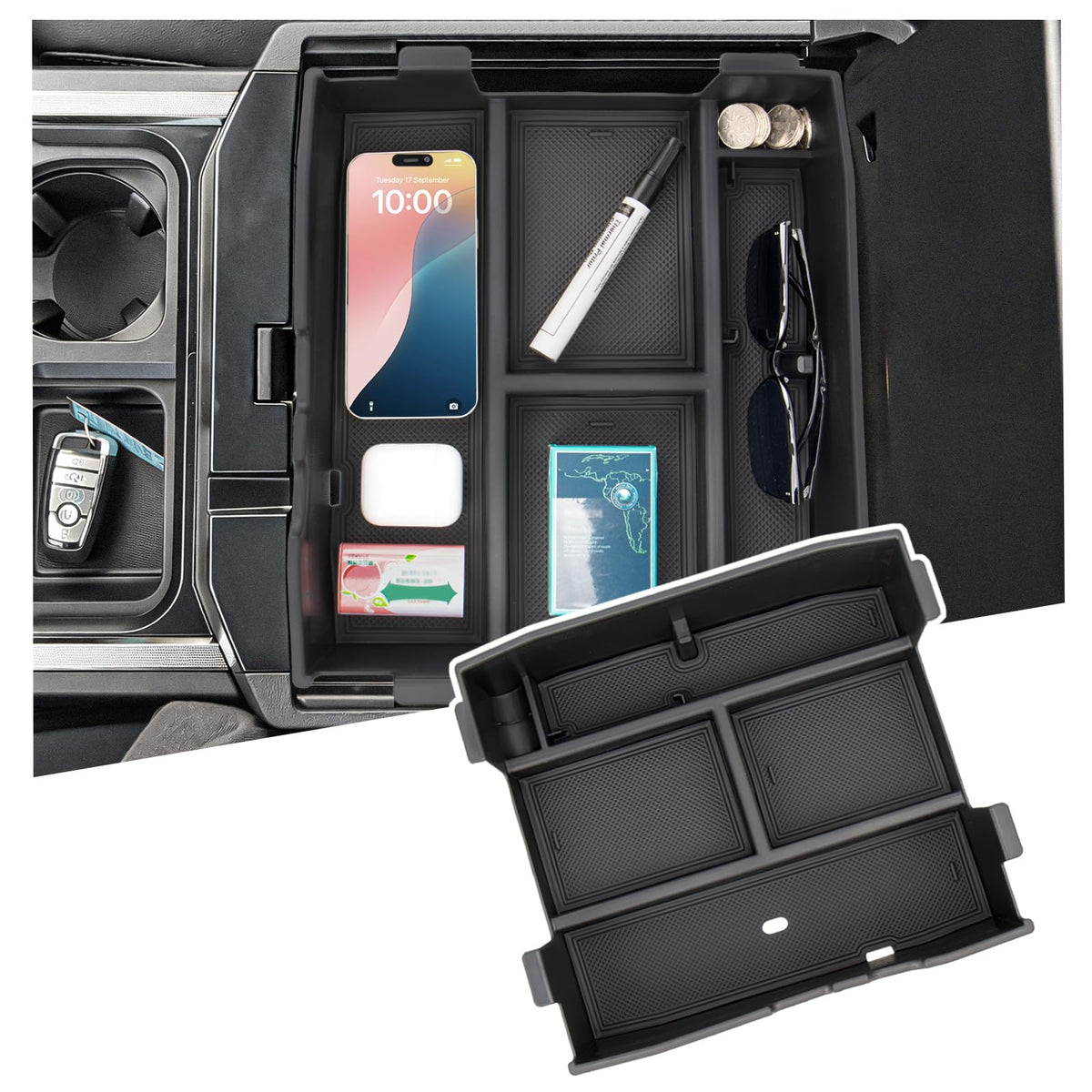 Sinminou center console organizer for Ford F-Series full console fits neatly and improves storage.