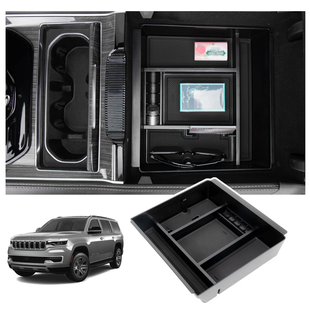 Sinminou center console organizer for Jeep Wagoneer front armrest keeps essentials within reach.