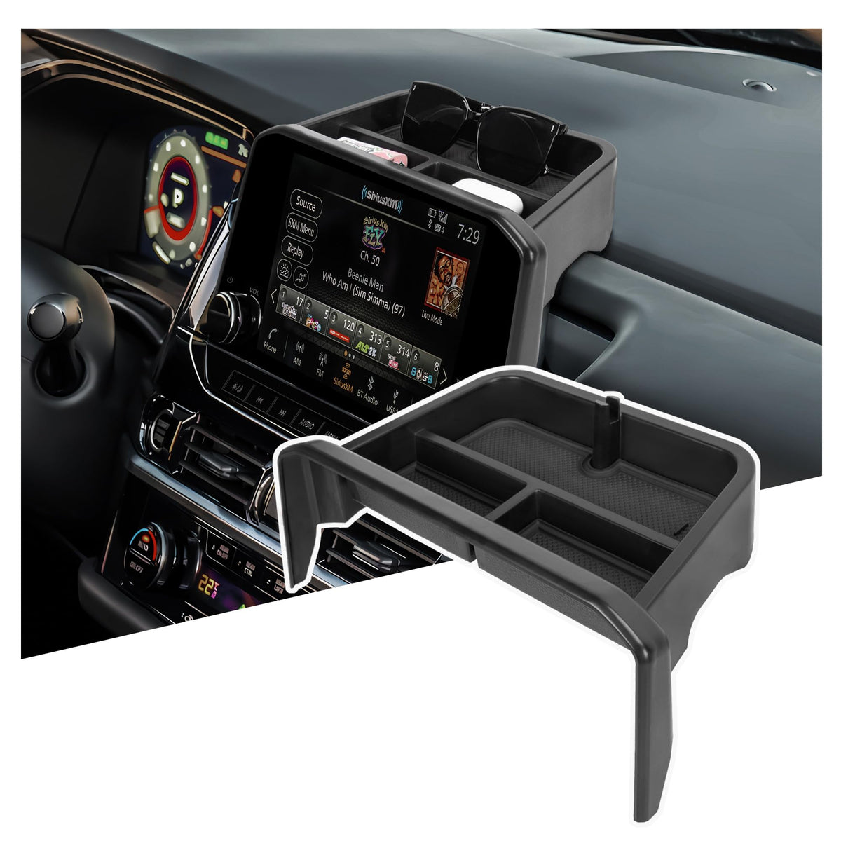 Sinminou center console organizer for Pathfinder keeps dashboard tidy and items within reach.