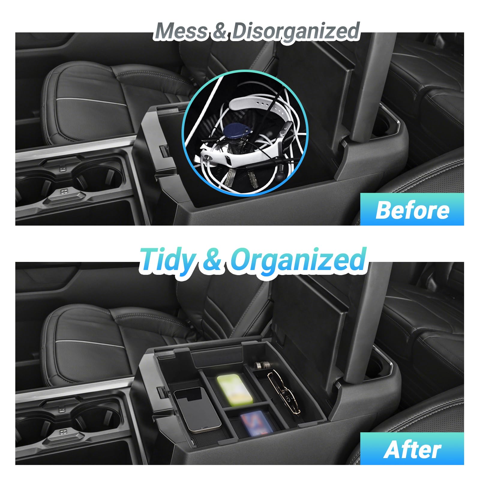 Sinminou center console organizer uses silicone inserts to prevent slipping during drives.