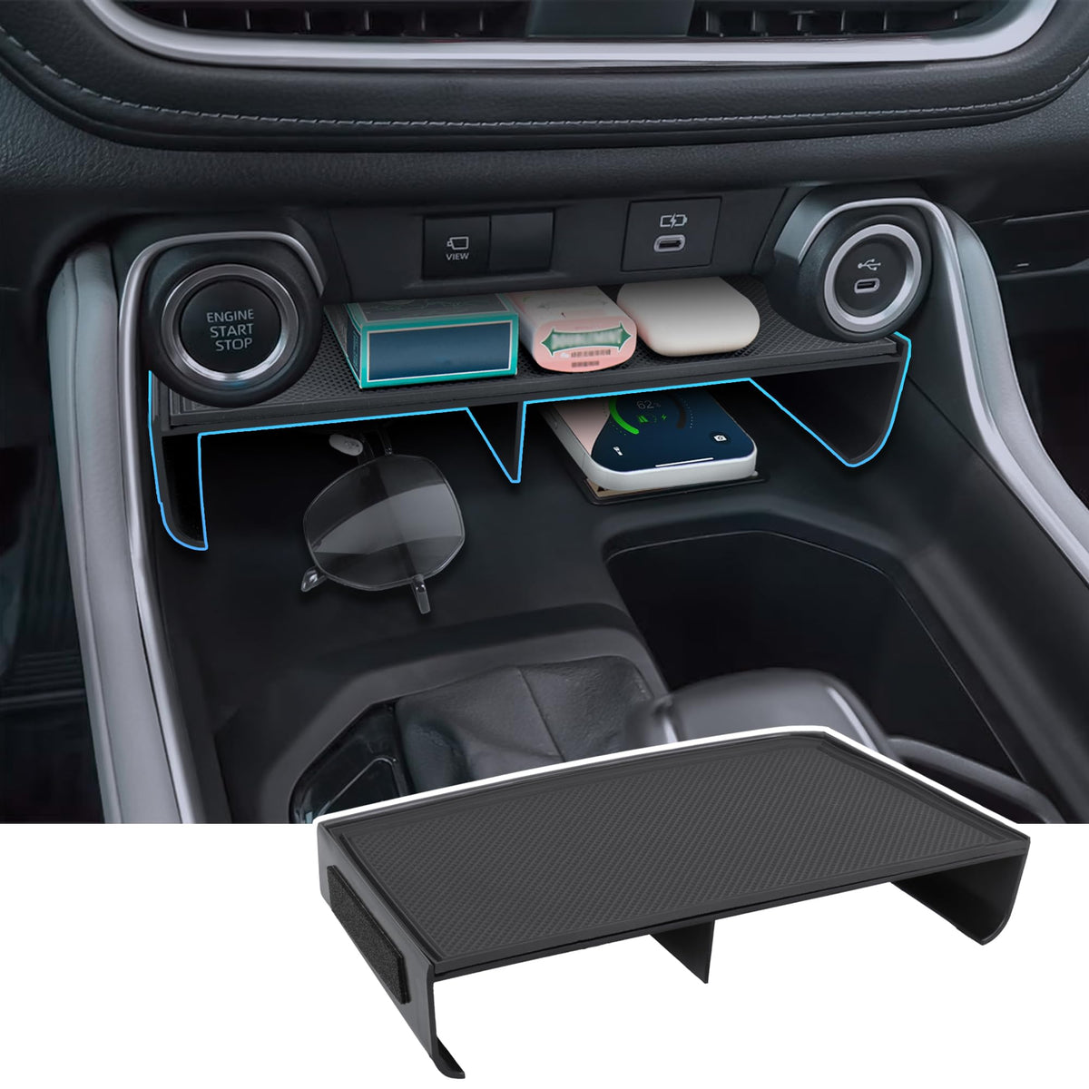 Sinminou Grand Highlander center console organizer front view shows organized storage.