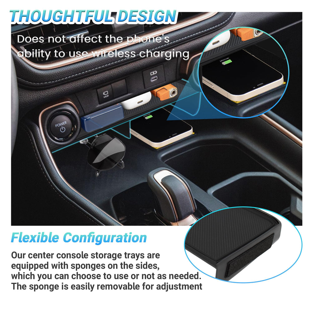 Sinminou Grand Highlander tray in-dash compartment adds space without blocking charging.