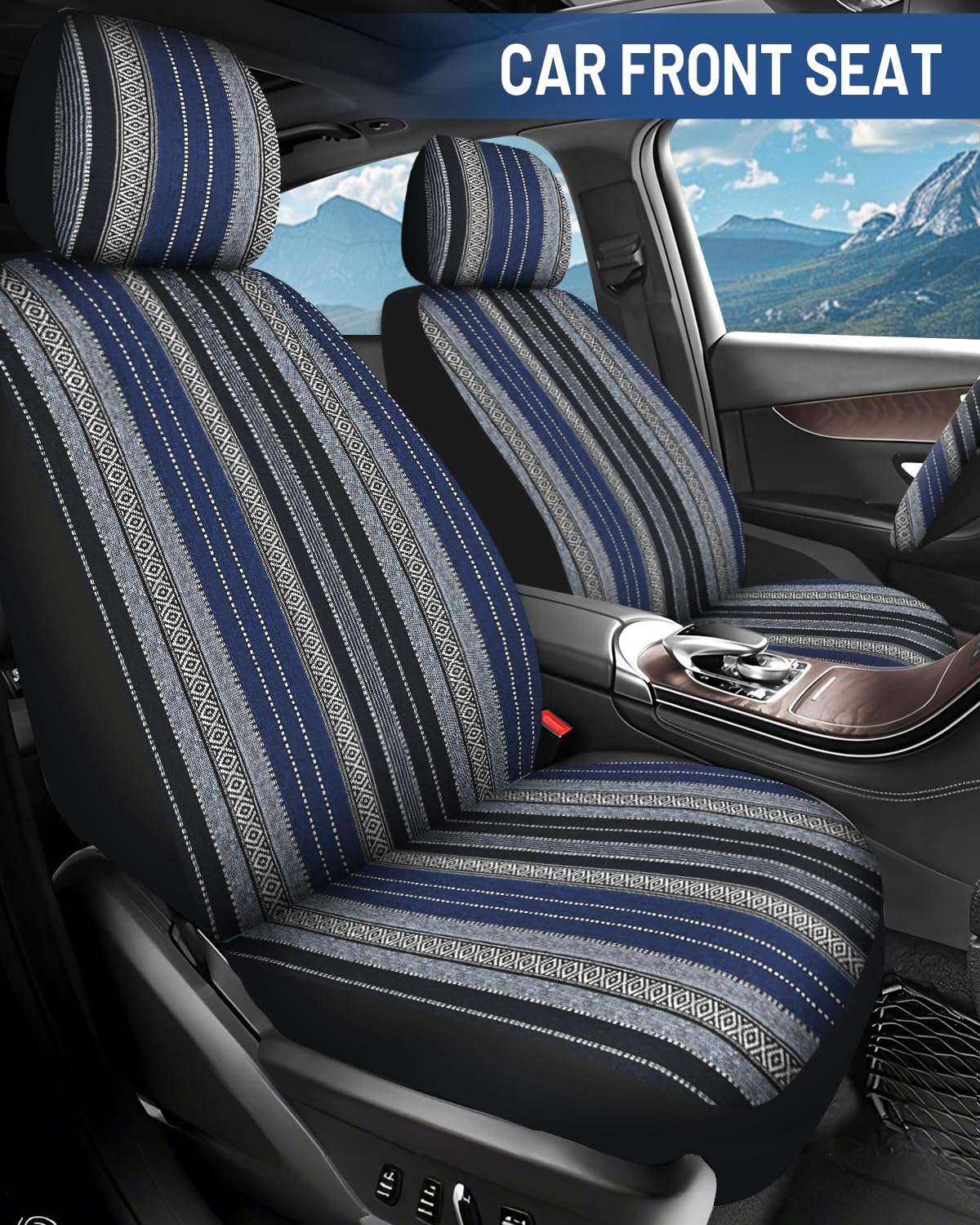 Sino Salected Baja headrest covers blue protect headrests while refreshing cabin appearance.