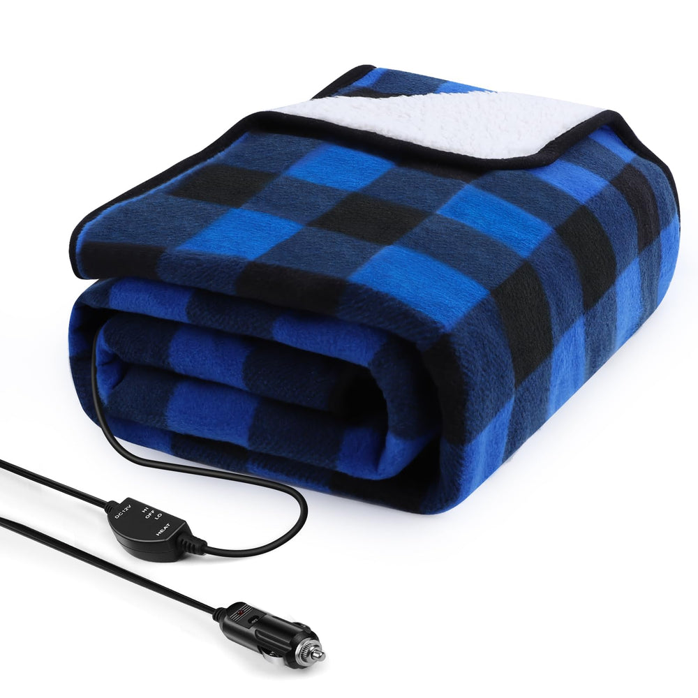 Sino Salected heated car blanket in blue plaid for cozy car rides