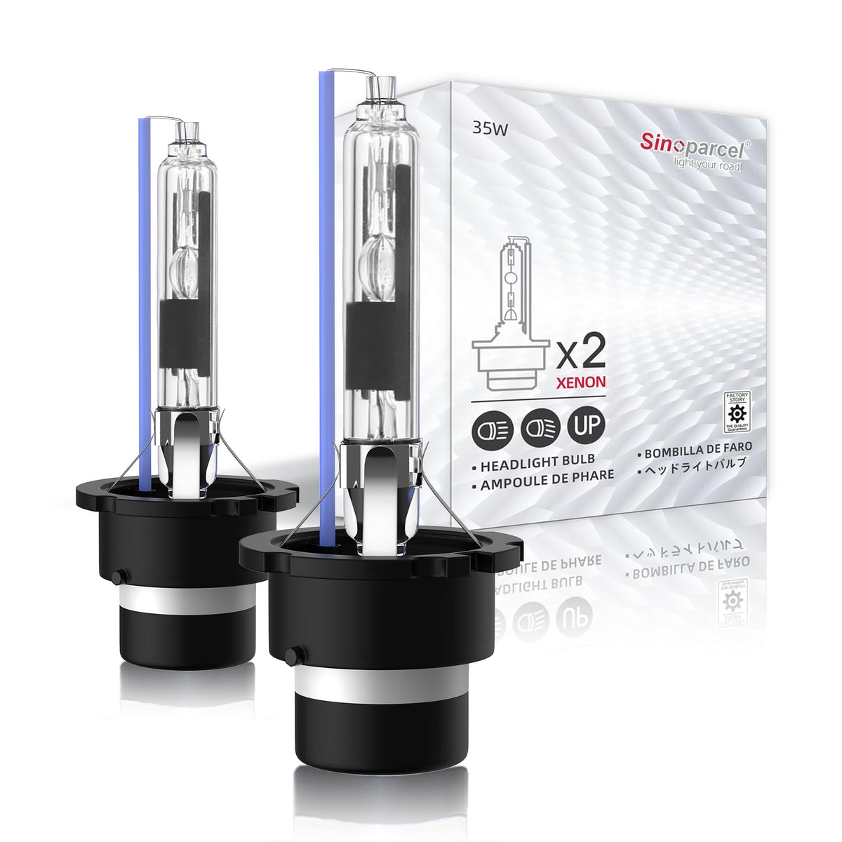 Sinoparcel D2R xenon headlight bulbs in packaging show easy fitment and replacement