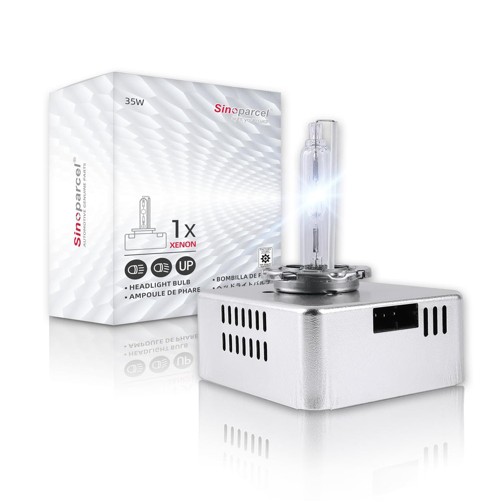 Sinoparcel D5S HID bulb with integrated ballast shown from the front, steady high beam.