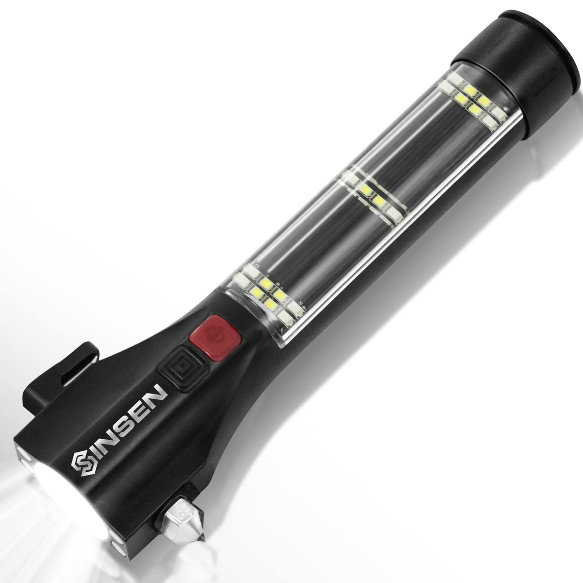 SINSEN car safety hammer with window breaker and front light for emergencies.
