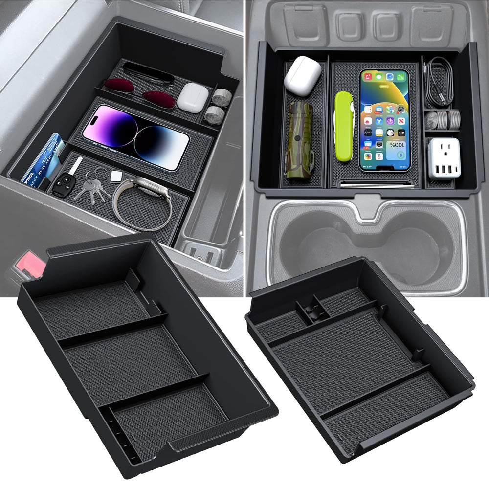 Sinvanho center console tray for Silverado front view improves on-the-go organization.